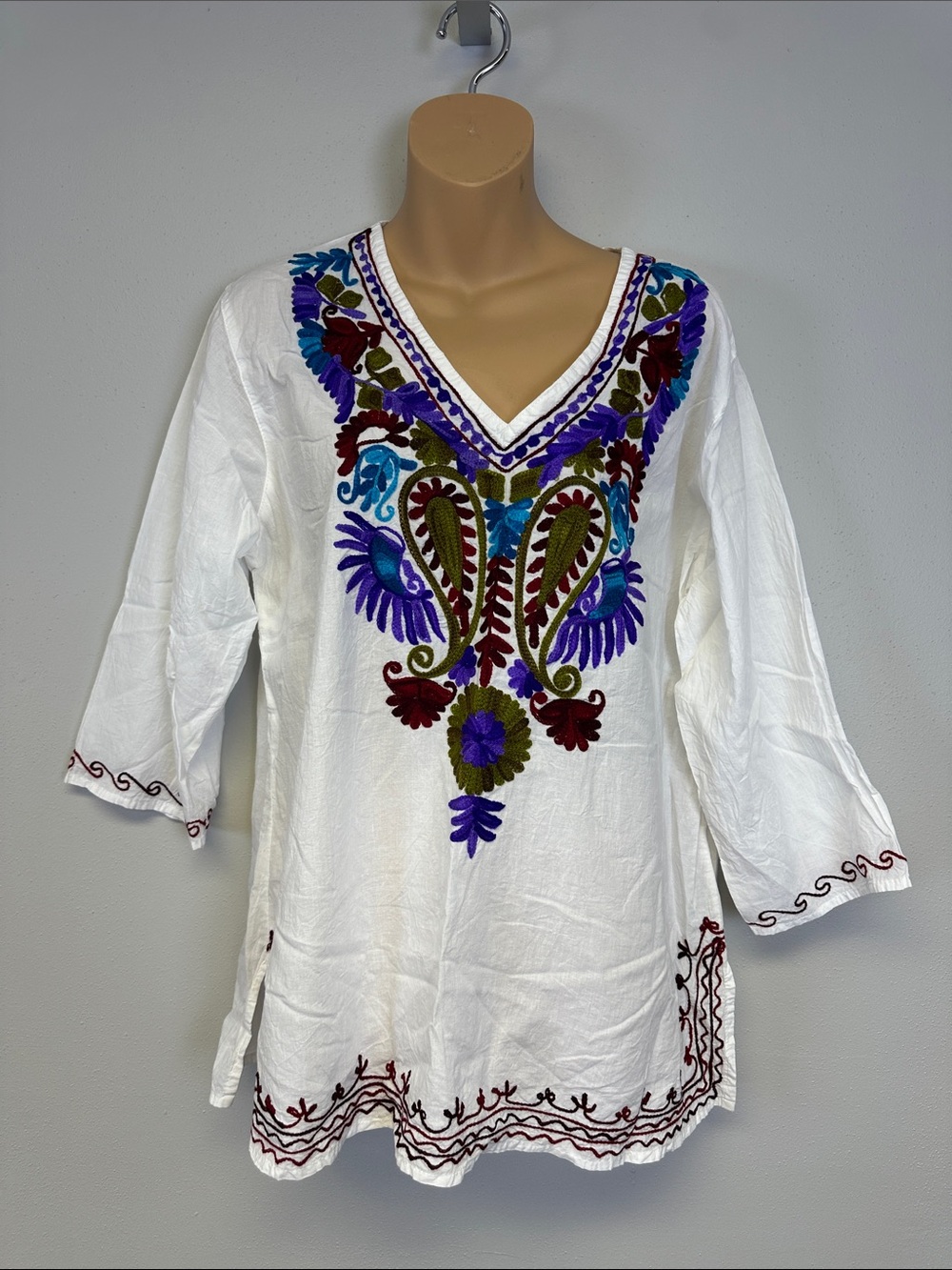 100% Cotton Embroidered V-Neck White Tunic Top with Multicolor Floral Detail